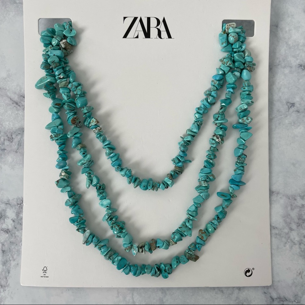 NWT ZARA Turquoise Sea Green Triple Stone Bead Necklace Accessories Bloggers Fav
